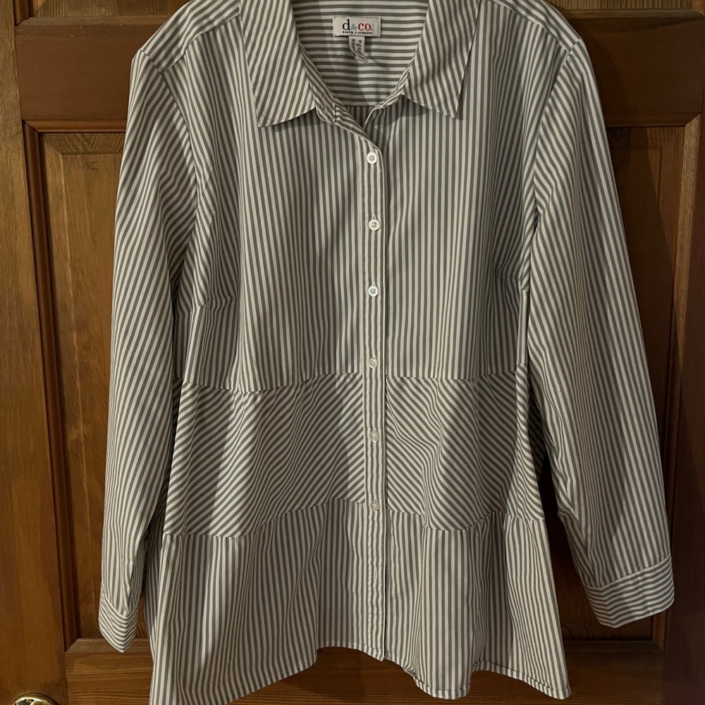Denim & Co. Yarn Dyed Striped Button-Up Tiered Shirt -Light Sage - Size 1X
